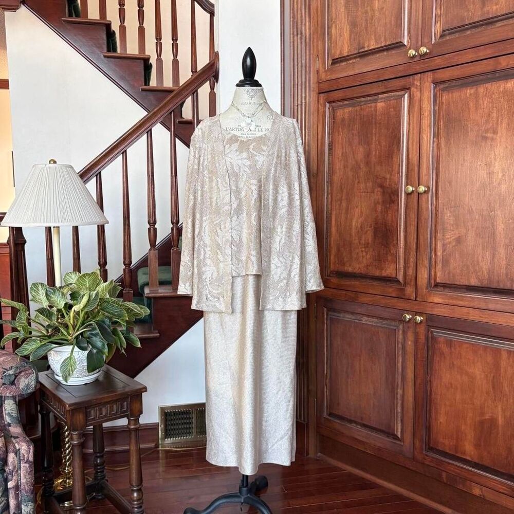 Francais Matching Vintage 2 Piece dress Cardigan set Cream Gold Huey Waltzer
